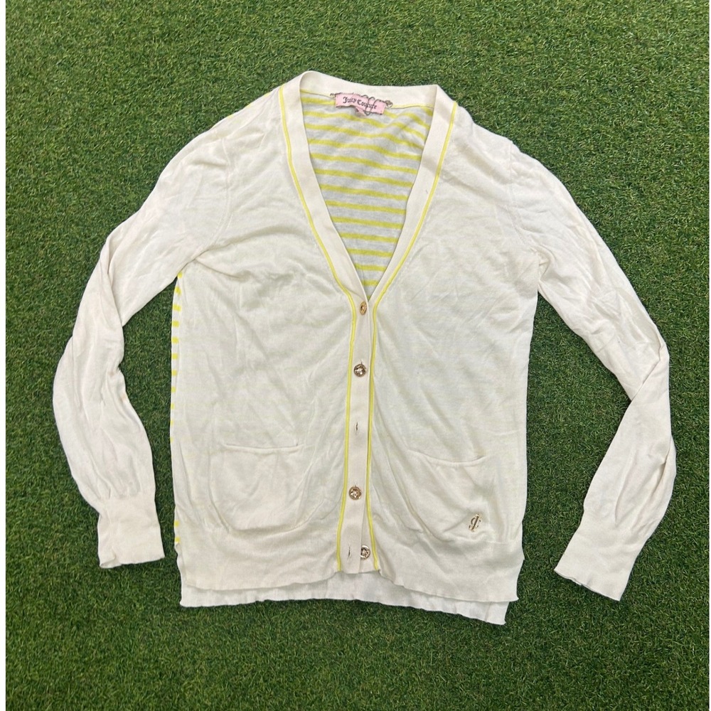 Juicy Couture Women White Yellow Striped Trim V-Neck Button Cardigan Size M
